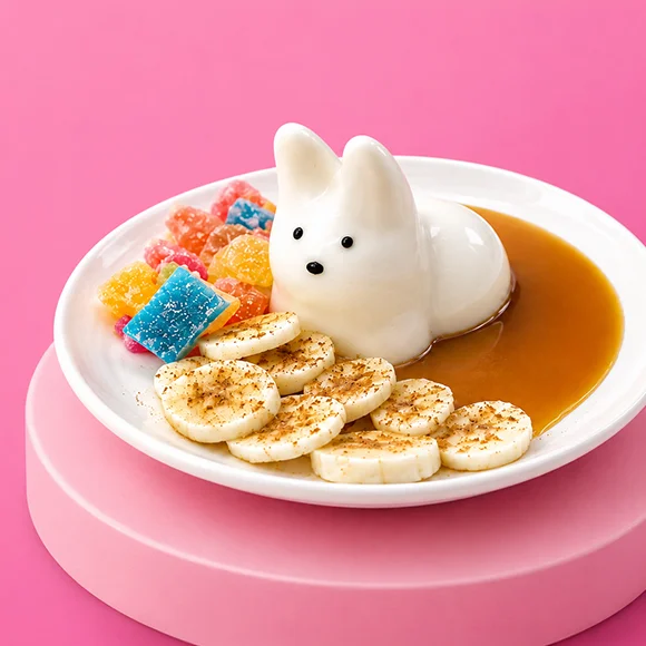 Punyangi bunny pudding with caramel sauce, banana coins and jelly candies