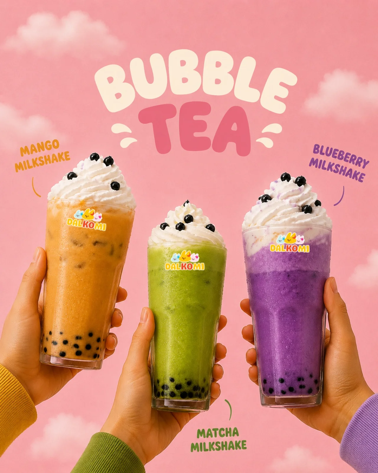 Dalkomi Instagram post: Bubble Tea milkshakes in mango, matcha and blueberry