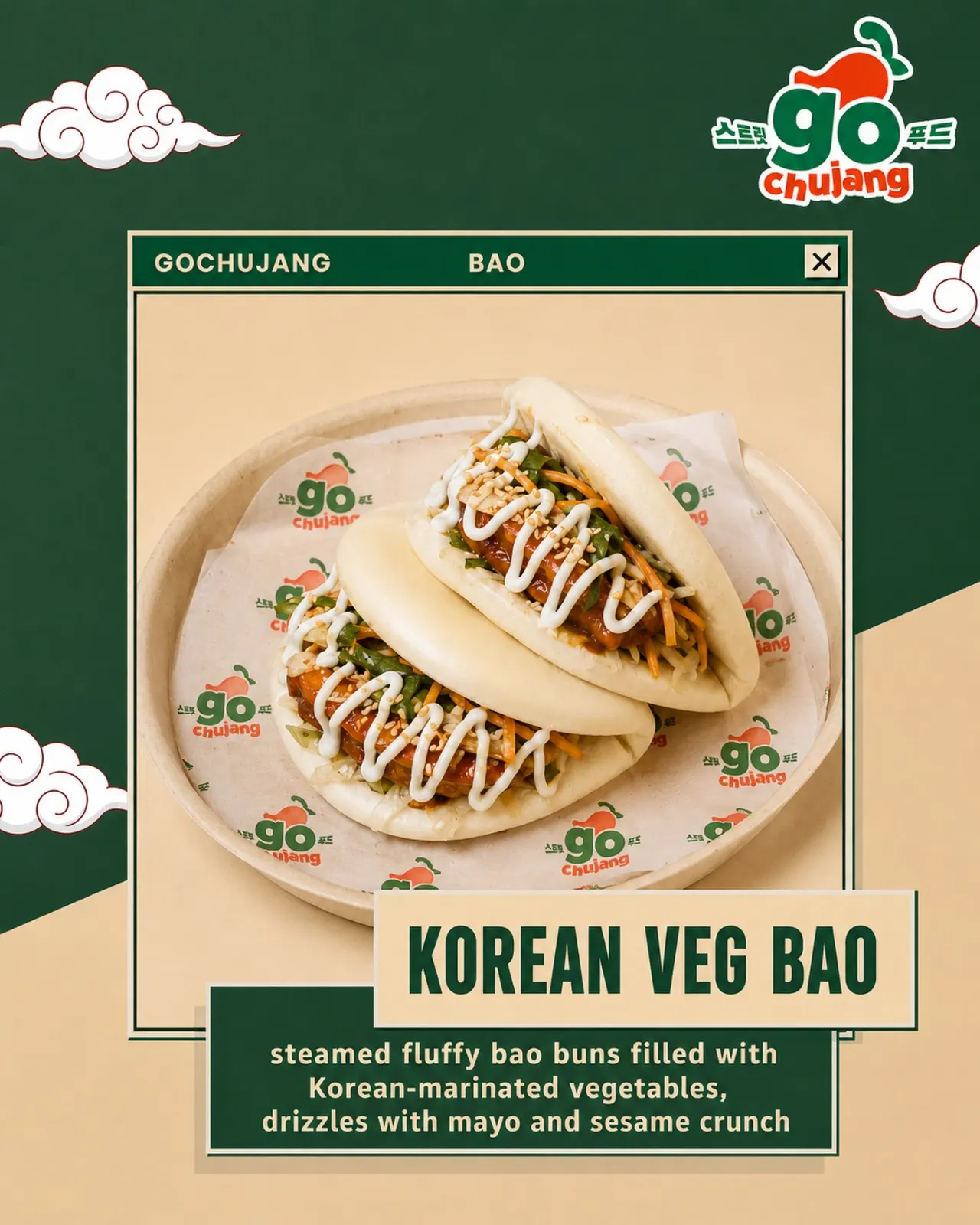 Korean veg bao with mayo and sesame crunch